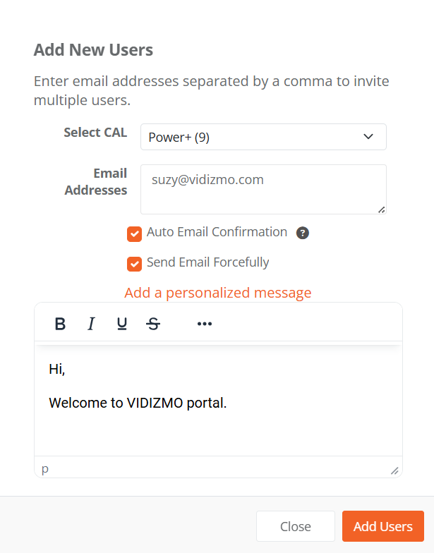 Add New Users dialog showing CAL selection, email field, and optional settings