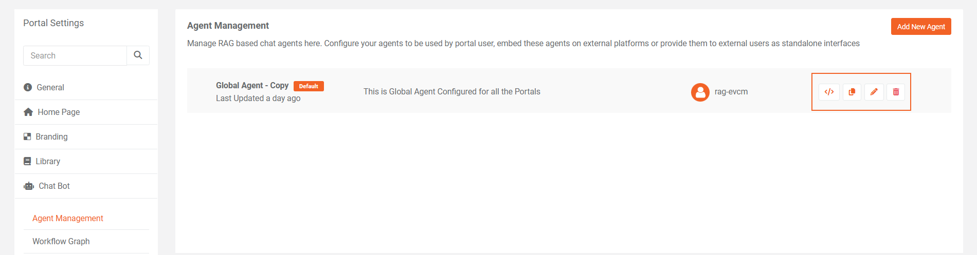 Screenshot of the Agent Management page showing agent list with edit, clone, delete, and embed code options.
