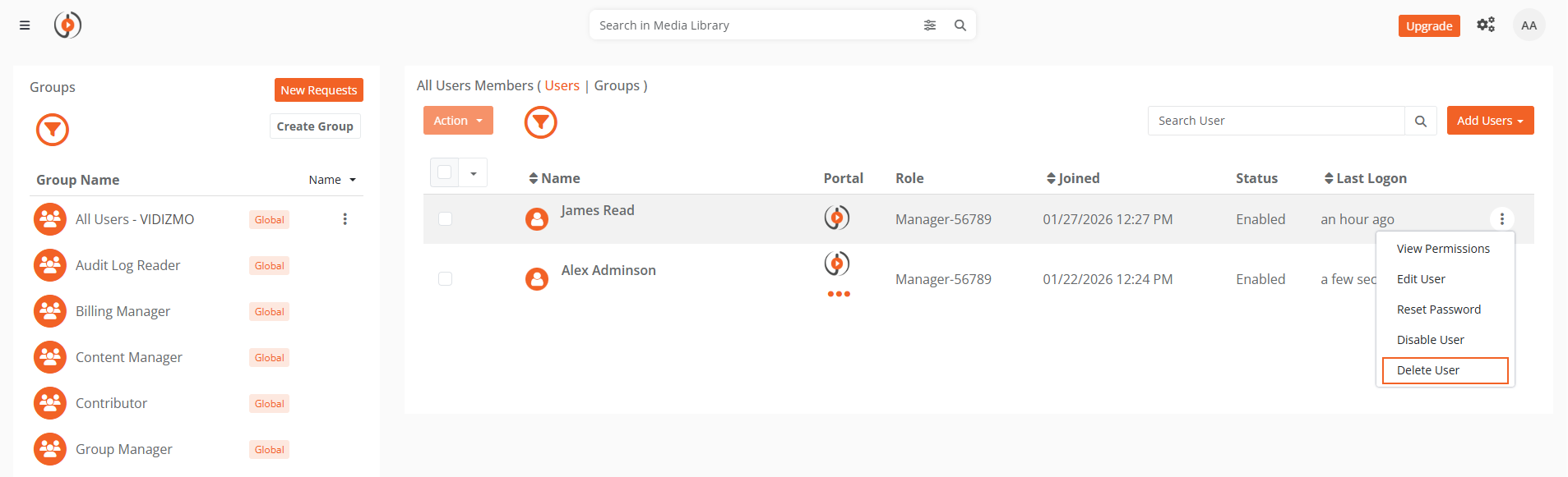 User list showing overflow menu with Delete User option