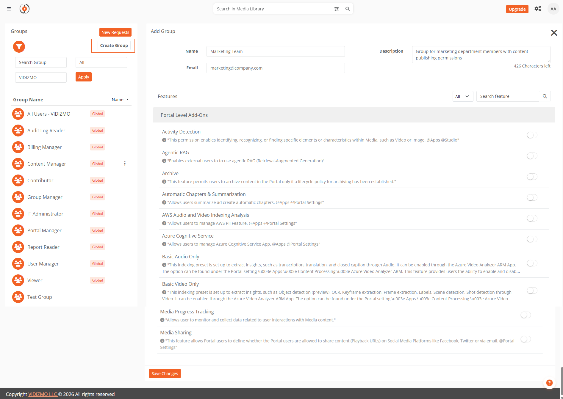 Add Group form showing Name, Email, Description fields and Features section