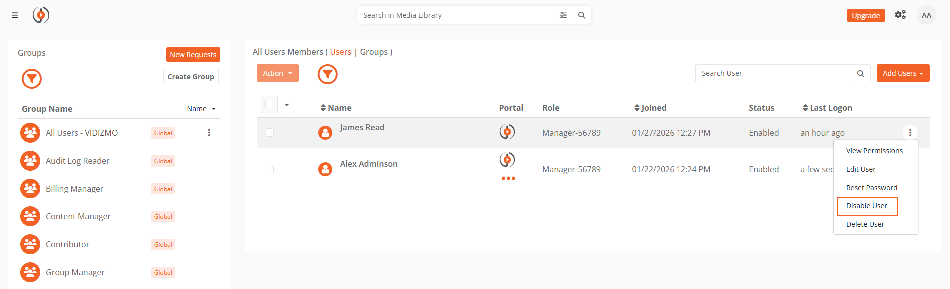 User list showing Disable User option in overflow menu