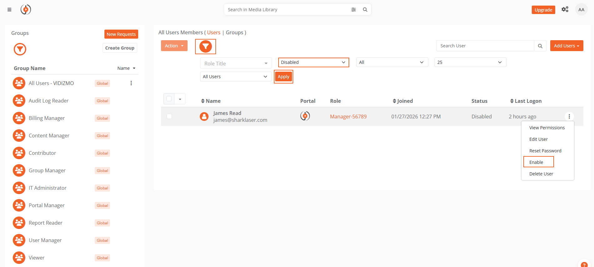 User list showing Enable option in overflow menu